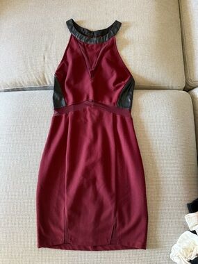 Lush Maroon Halter Mini Dress with Mesh Details and Black Pleather Trim